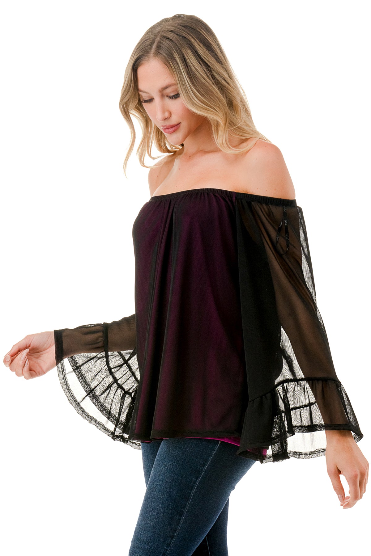 JANE OFF SHOULDER RUFFLE SLEEVE TOP (MAGENTA / BLACK MESH)- VT3172