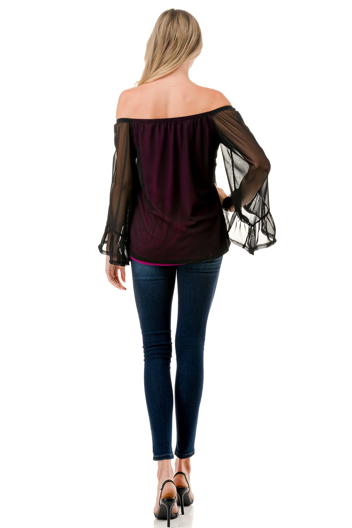 JANE OFF SHOULDER RUFFLE SLEEVE TOP (MAGENTA / BLACK MESH)- VT3172