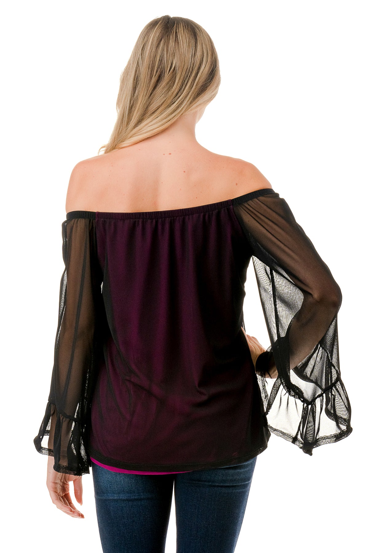 JANE OFF SHOULDER RUFFLE SLEEVE TOP (MAGENTA / BLACK MESH)- VT3172