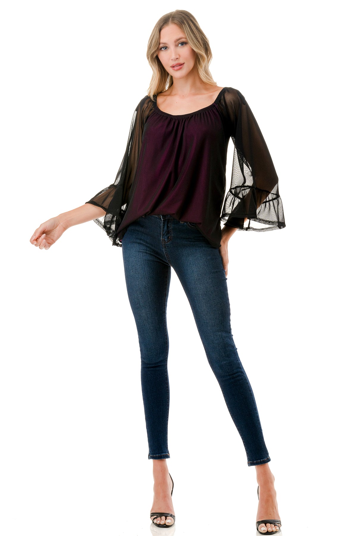 JANE OFF SHOULDER RUFFLE SLEEVE TOP (MAGENTA / BLACK MESH)- VT3172