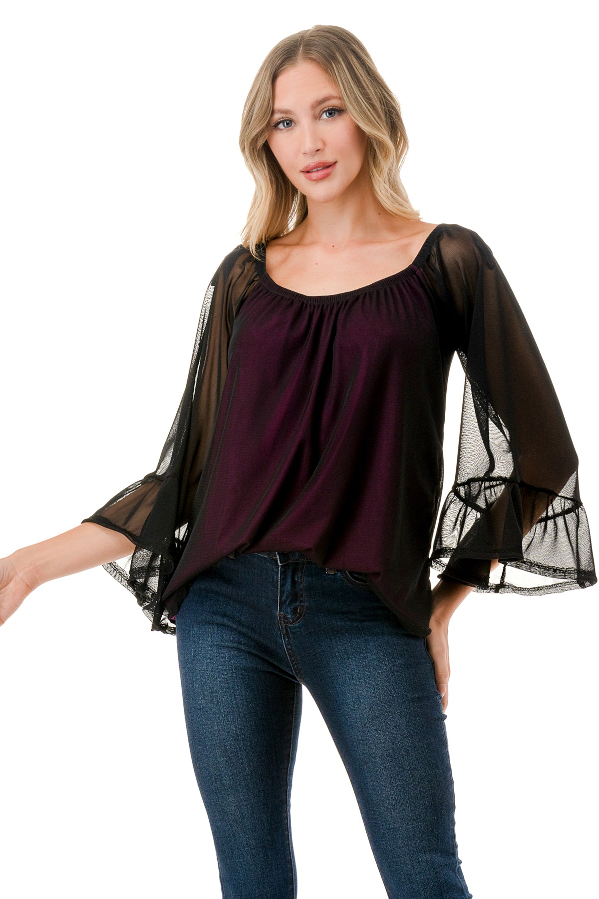 JANE OFF SHOULDER RUFFLE SLEEVE TOP (MAGENTA / BLACK MESH)- VT3172