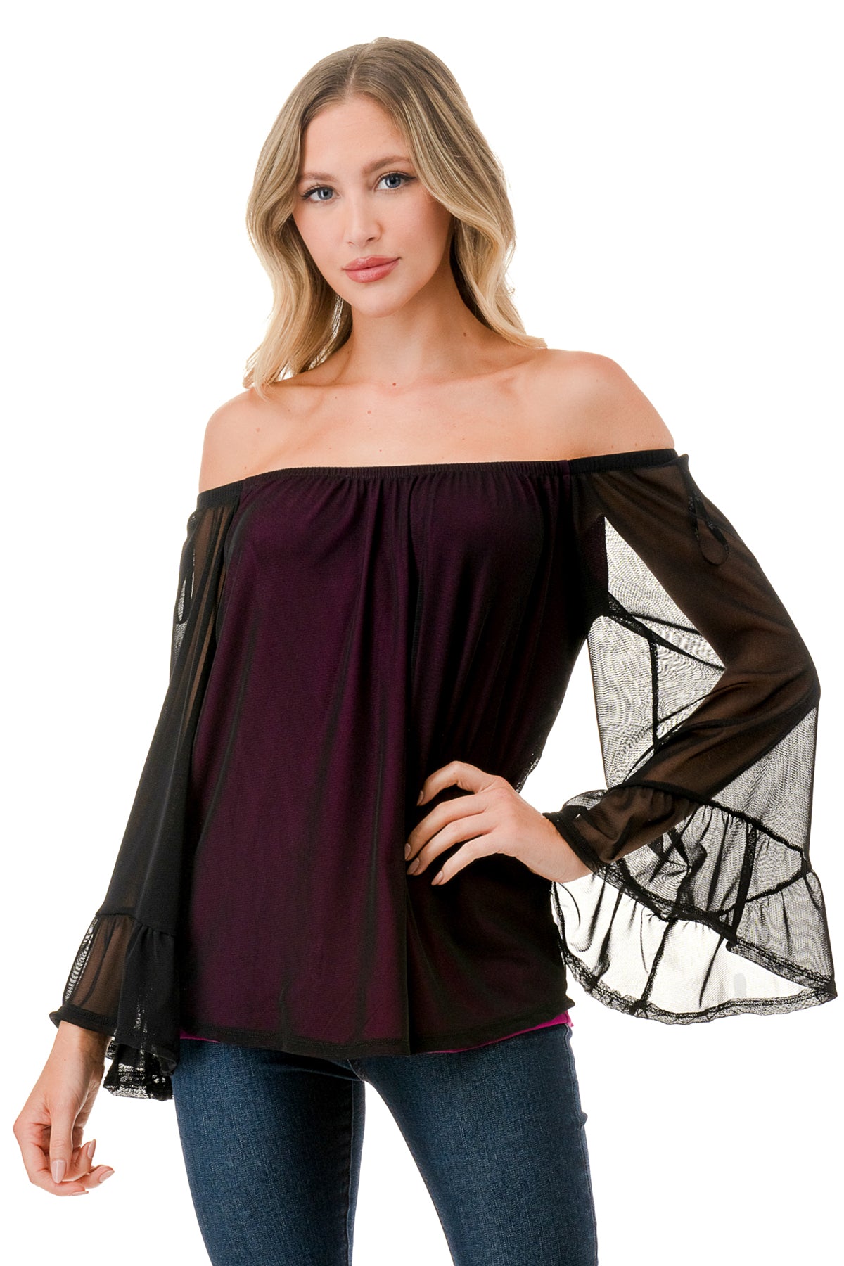JANE OFF SHOULDER RUFFLE SLEEVE TOP (MAGENTA / BLACK MESH)- VT3172