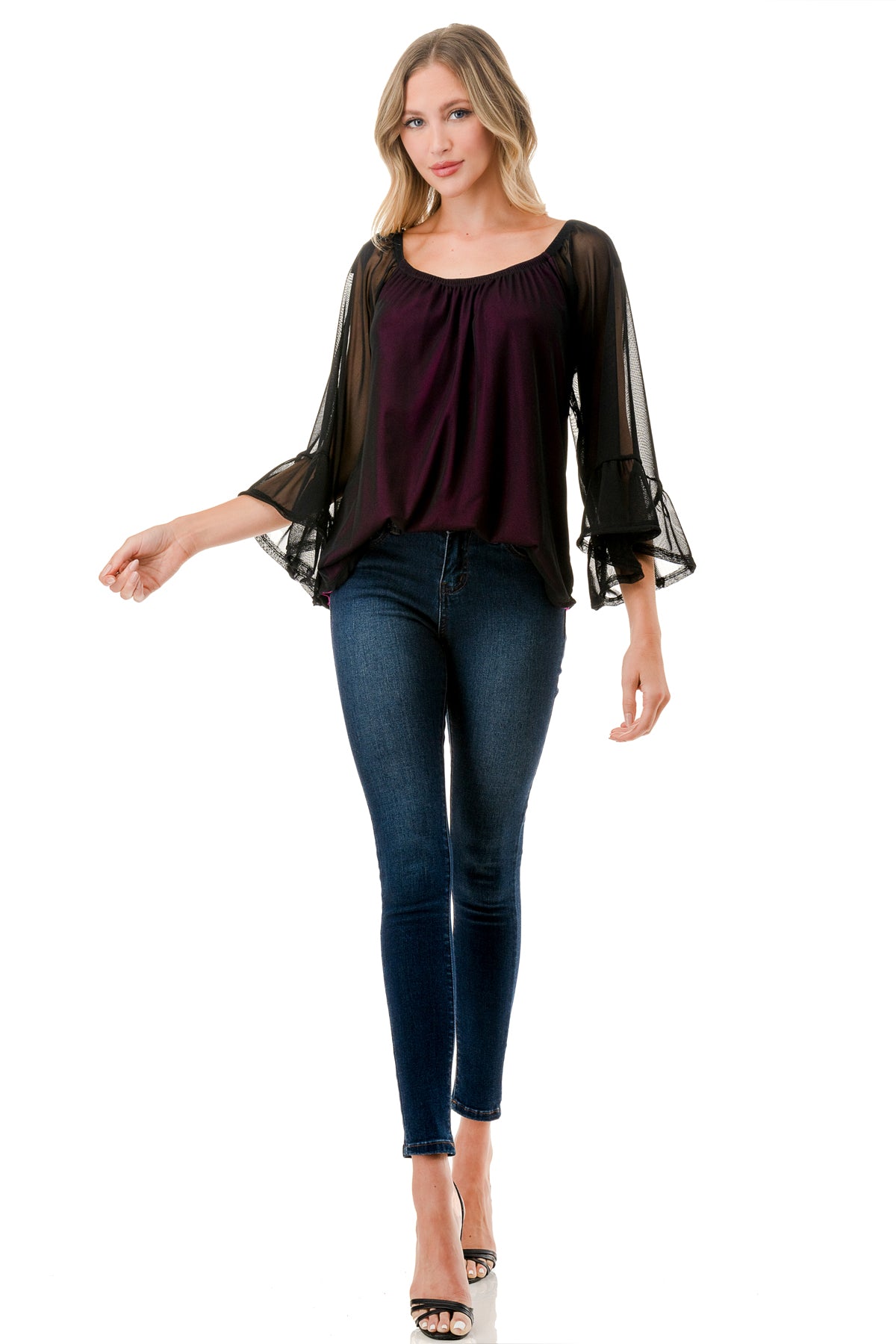 JANE OFF SHOULDER RUFFLE SLEEVE TOP (MAGENTA / BLACK MESH)- VT3172