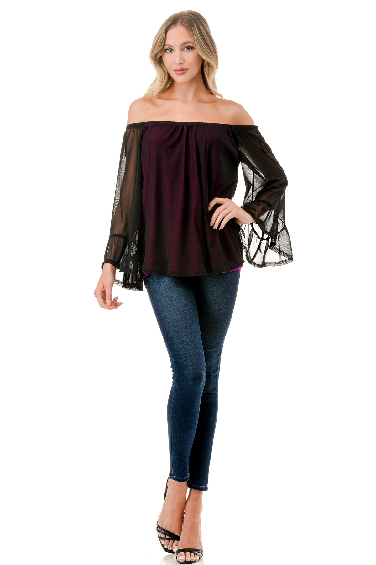 JANE OFF SHOULDER RUFFLE SLEEVE TOP (MAGENTA / BLACK MESH)- VT3172