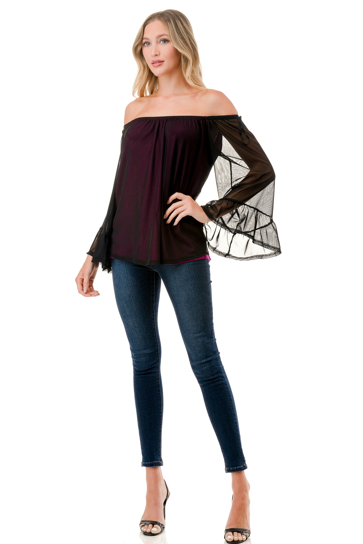 JANE OFF SHOULDER RUFFLE SLEEVE TOP (MAGENTA / BLACK MESH)- VT3172