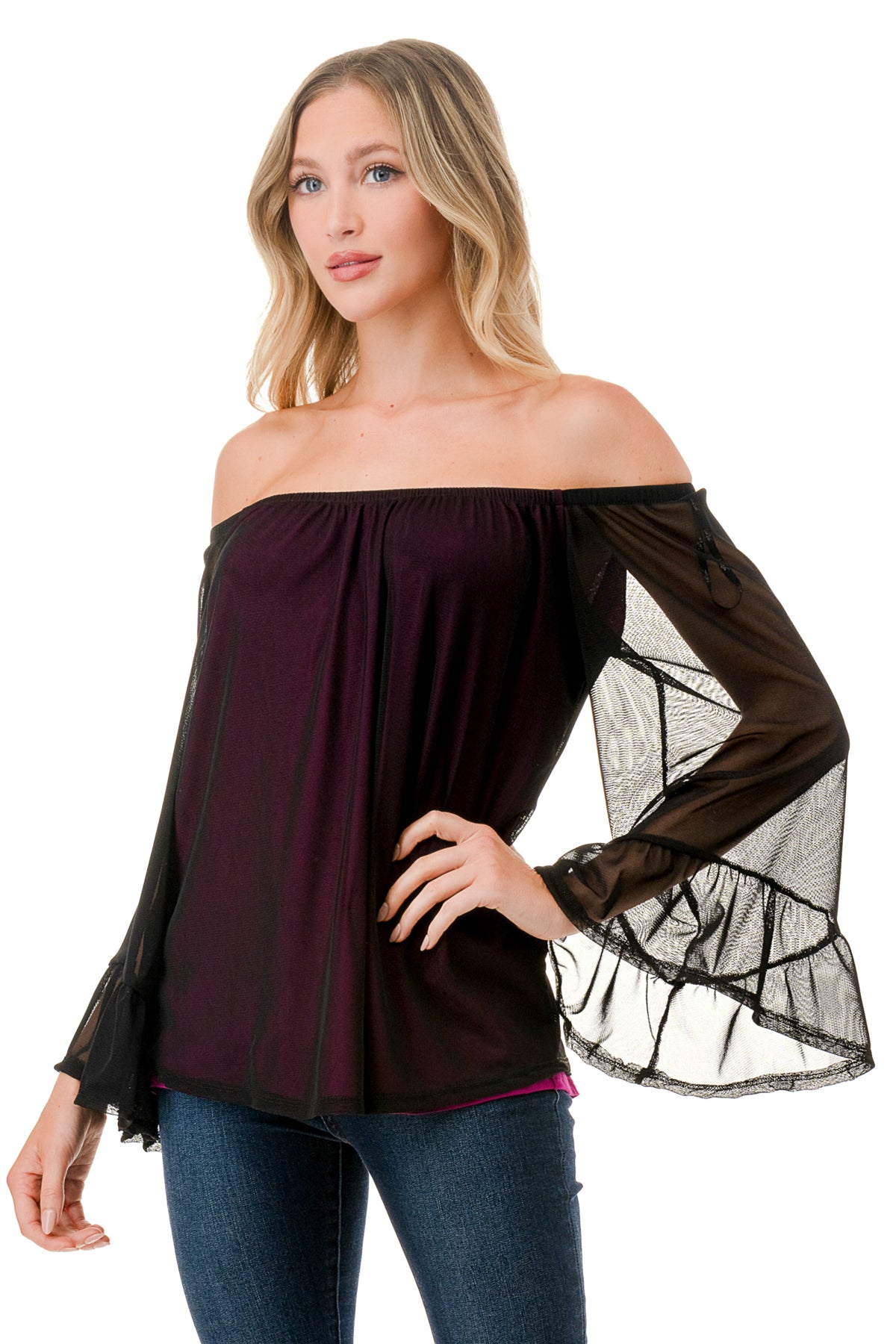 JANE OFF SHOULDER RUFFLE SLEEVE TOP (MAGENTA / BLACK MESH)- VT3172