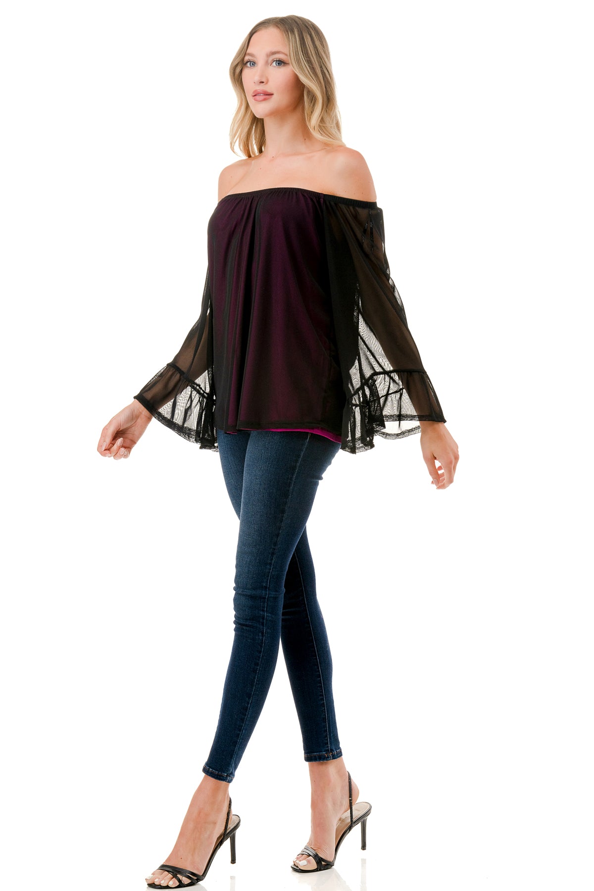 JANE OFF SHOULDER RUFFLE SLEEVE TOP (MAGENTA / BLACK MESH)- VT3172