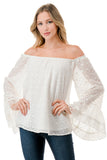 JANE OFF SHOULDER RUFFLE SLEEVE TOP (WHITE / WHITE LACE)- VT3172