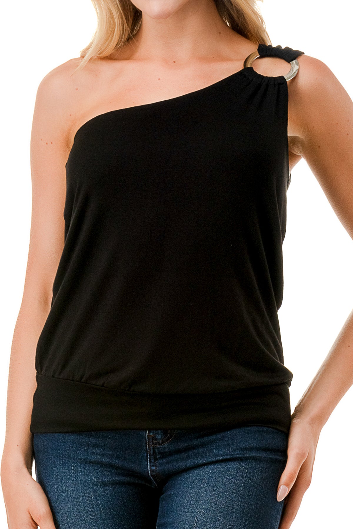 VIVIAN ONE SHOULDER RING TOP (BLACK)-VT3265