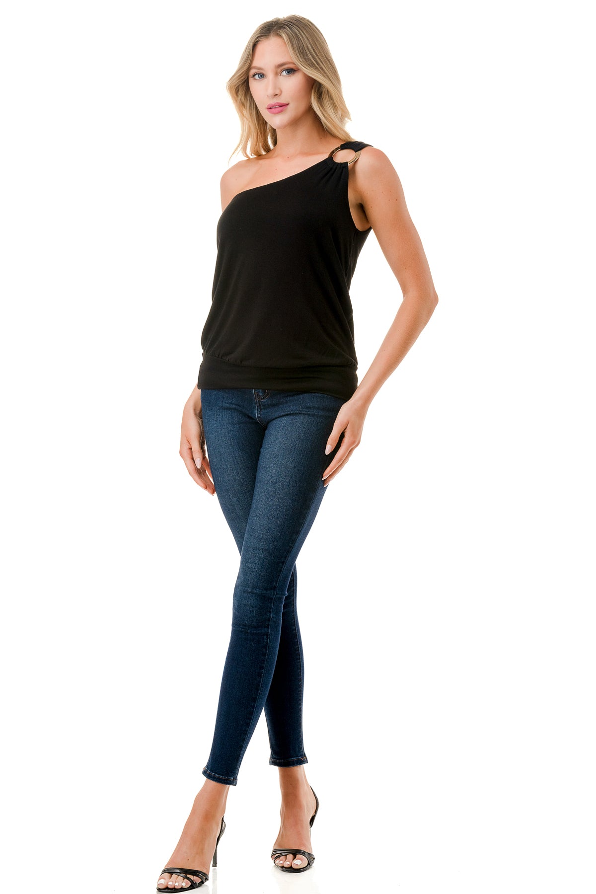 VIVIAN ONE SHOULDER RING TOP (BLACK)-VT3265
