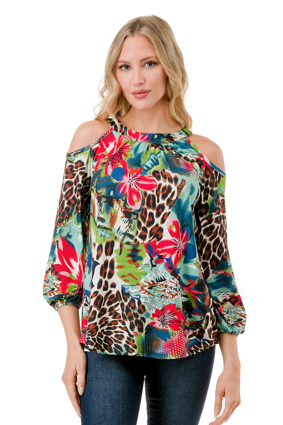 RUBI OPEN SHOULDER TOP (TROPICAL LEOPARD)-VT3312