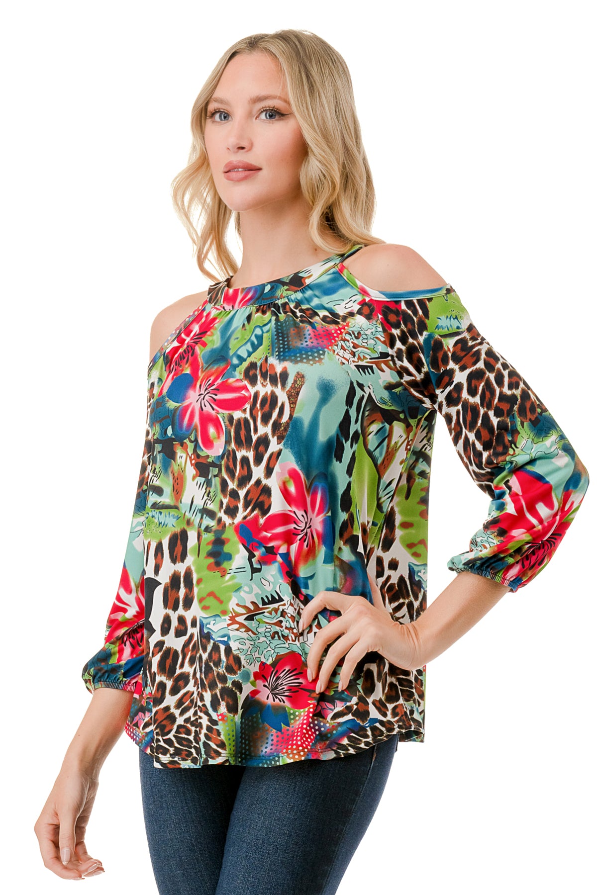 RUBI OPEN SHOULDER TOP (TROPICAL LEOPARD)-VT3312