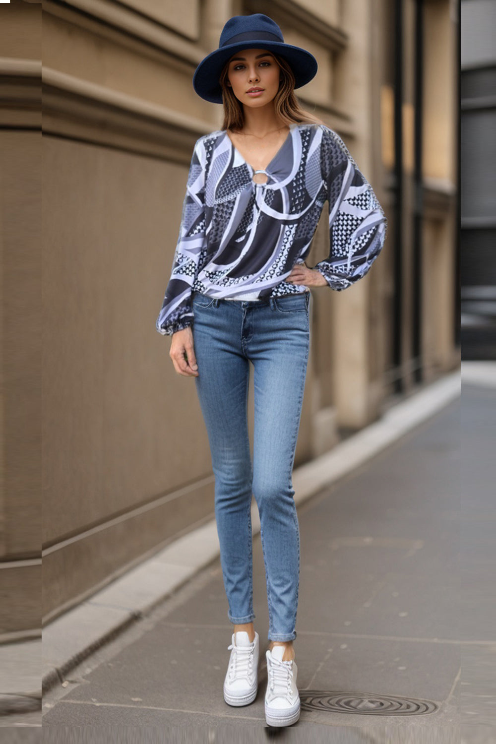 ANAIS LONG SLEEVE RING TOP (BLACK GREY GEO)-VT3353