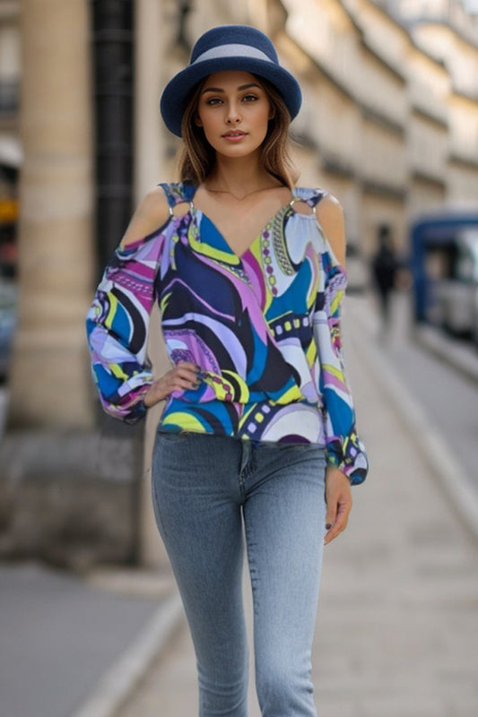 ANAIS OPEN SHOULDER RING TOP (TEAL PURPLE PUCCI)-VT3359