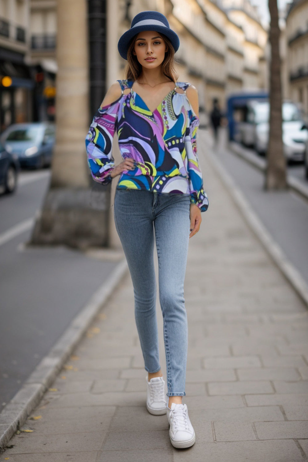 ANAIS OPEN SHOULDER RING TOP (TEAL PURPLE PUCCI)-VT3359