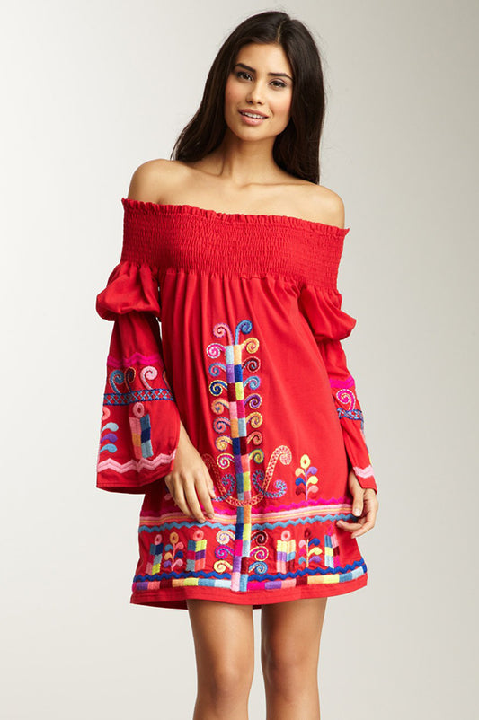 DARA OFF SHOULDER DRESS (RED)-CVD6606