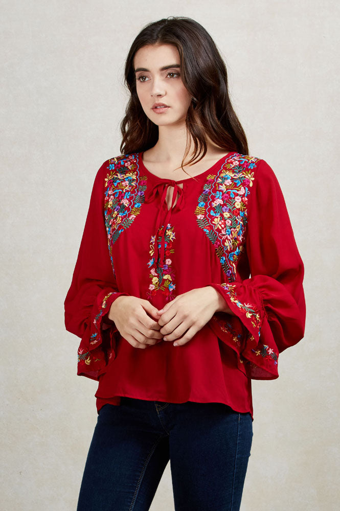 DIANNE PEASANT TUNIC BLOUSE (WINE)-CVT1486