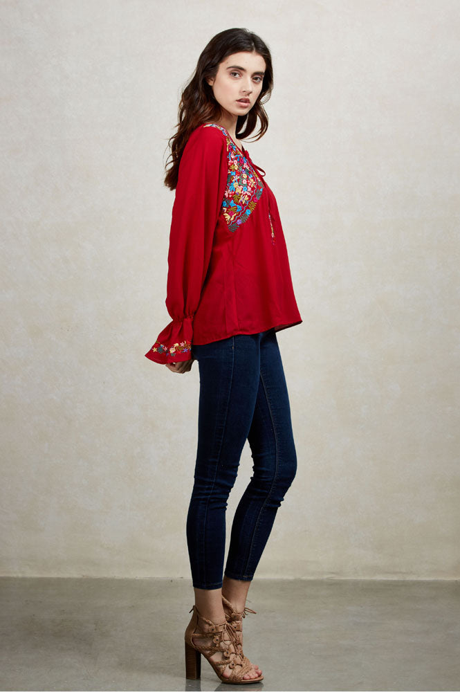 DIANNE PEASANT TUNIC BLOUSE (WINE)-CVT1486