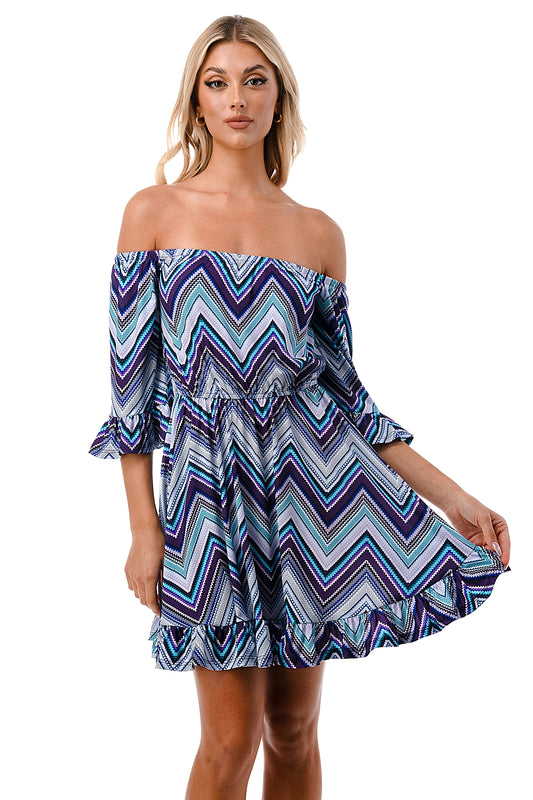 ANNA OFF SHOULDER DRESS (BLUE CHEVRON)- VD3124