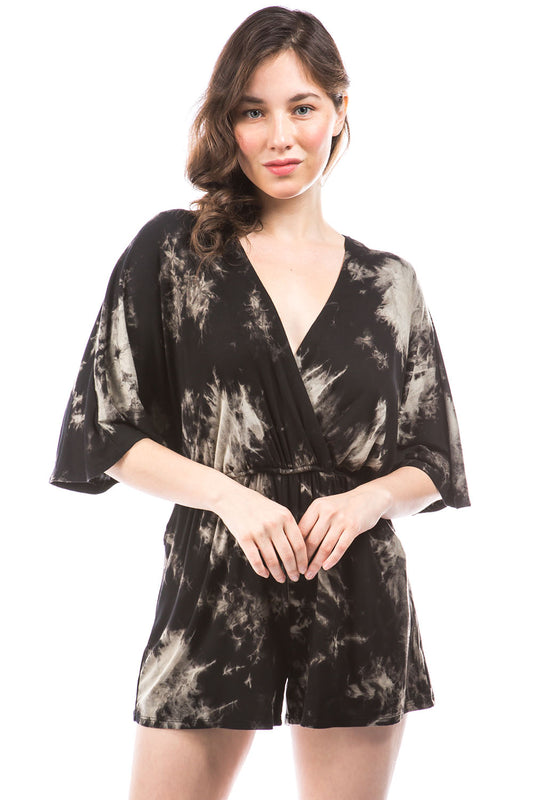 PAIGE RAGLAN ROMPER (BLACK/GREY TIE DYE)-VR2735