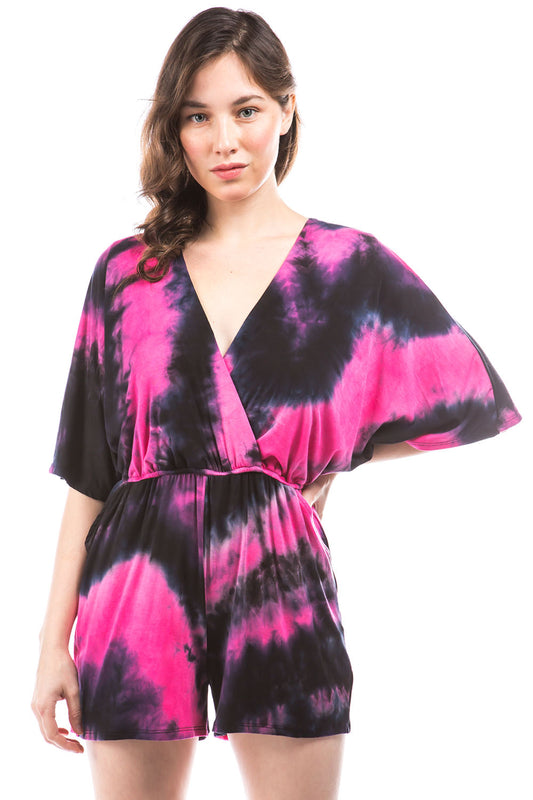 PAIGE RAGLAN ROMPER (FUSCHIA/BLACK TIE DYE)-VR2735