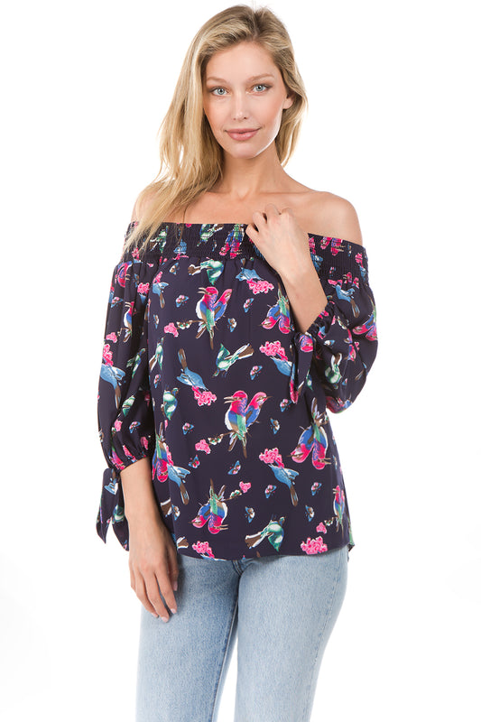 PRINTED OFF SHOULDER TOP (Navy Bird)- VT1071P