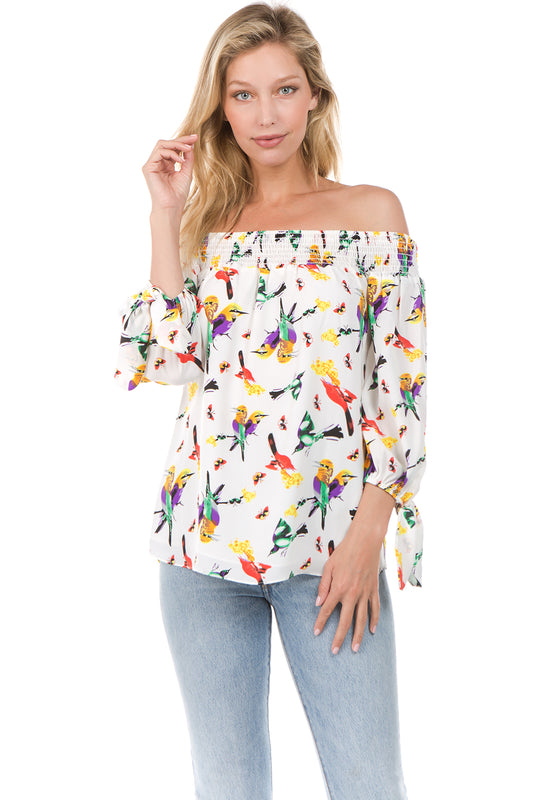 PRINTED OFF SHOULDER TOP (White Bird)- VT1071P