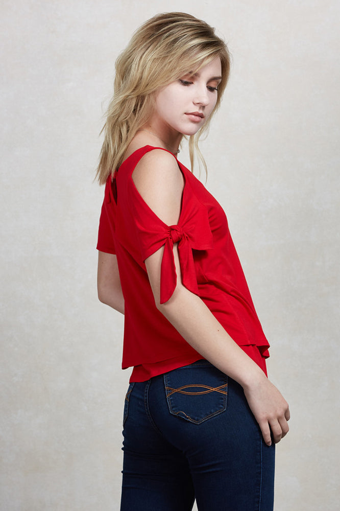 TRINA COLD SHOULDER  WRAP TOP(RED)-VT1733