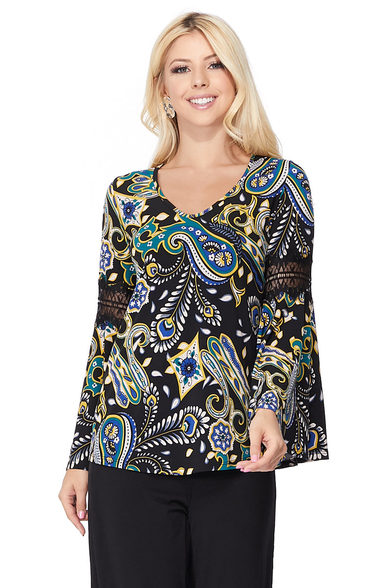 ROCCO BELL SLEEVE TOP (GREEN MULTI)- VT2395-ROCCO