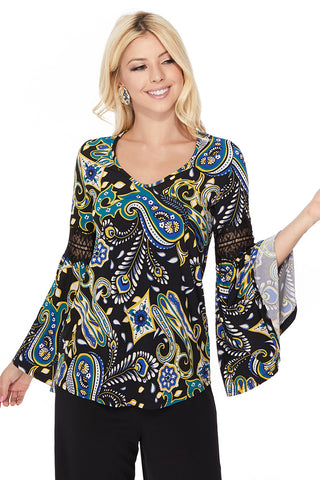 ROCCO BELL SLEEVE TOP (GREEN MULTI)- VT2395-ROCCO
