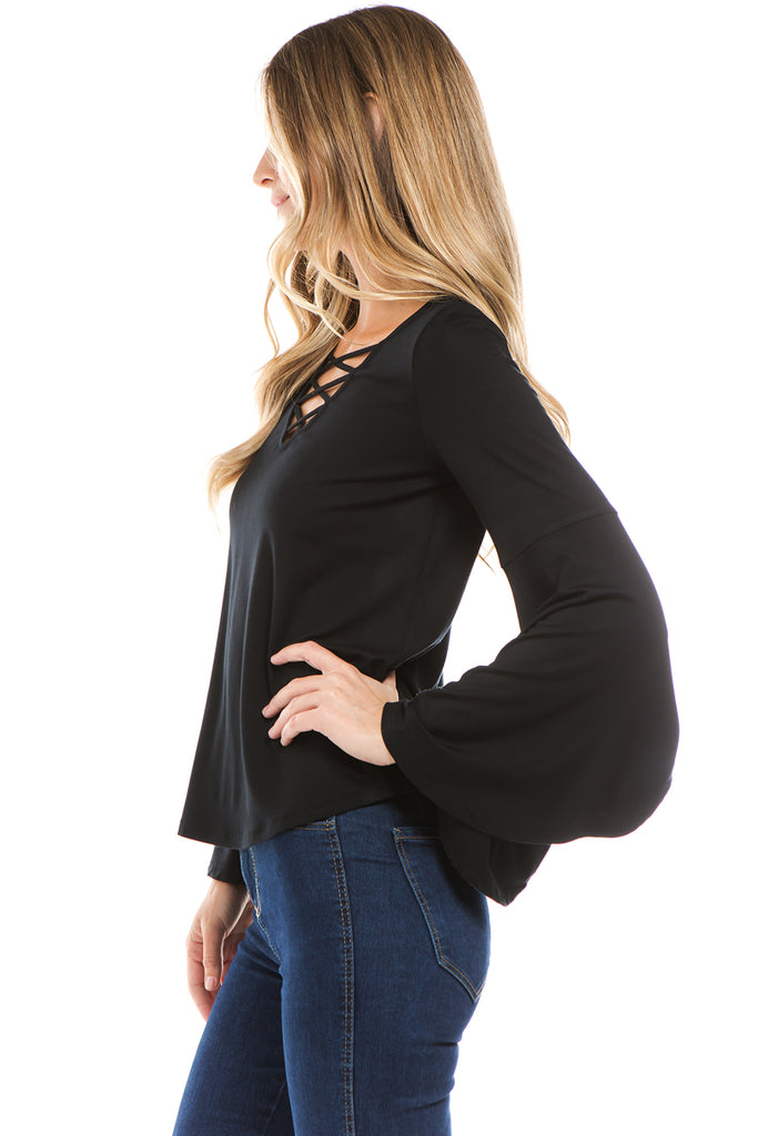 BEYONCE BELL SLEEVE TOP (BLACK)- VT2404