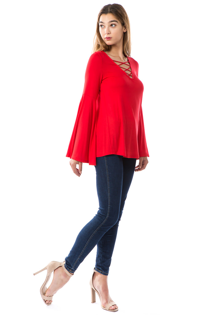 BEYONCE BELL SLEEVE TOP (RED)- VT2404