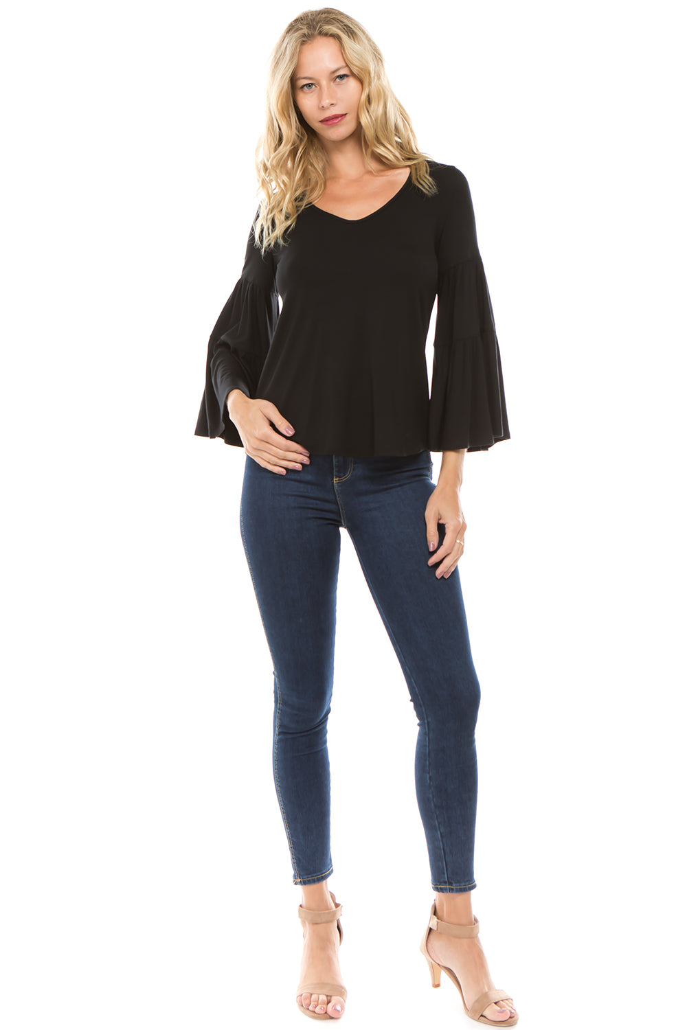 CROSELLA TIERED SLEEVE TOP (BLACK)-VT2415