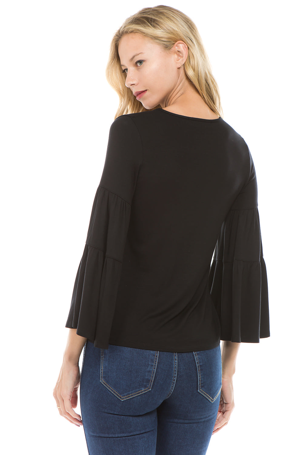 CROSELLA TIERED SLEEVE TOP (BLACK)-VT2415