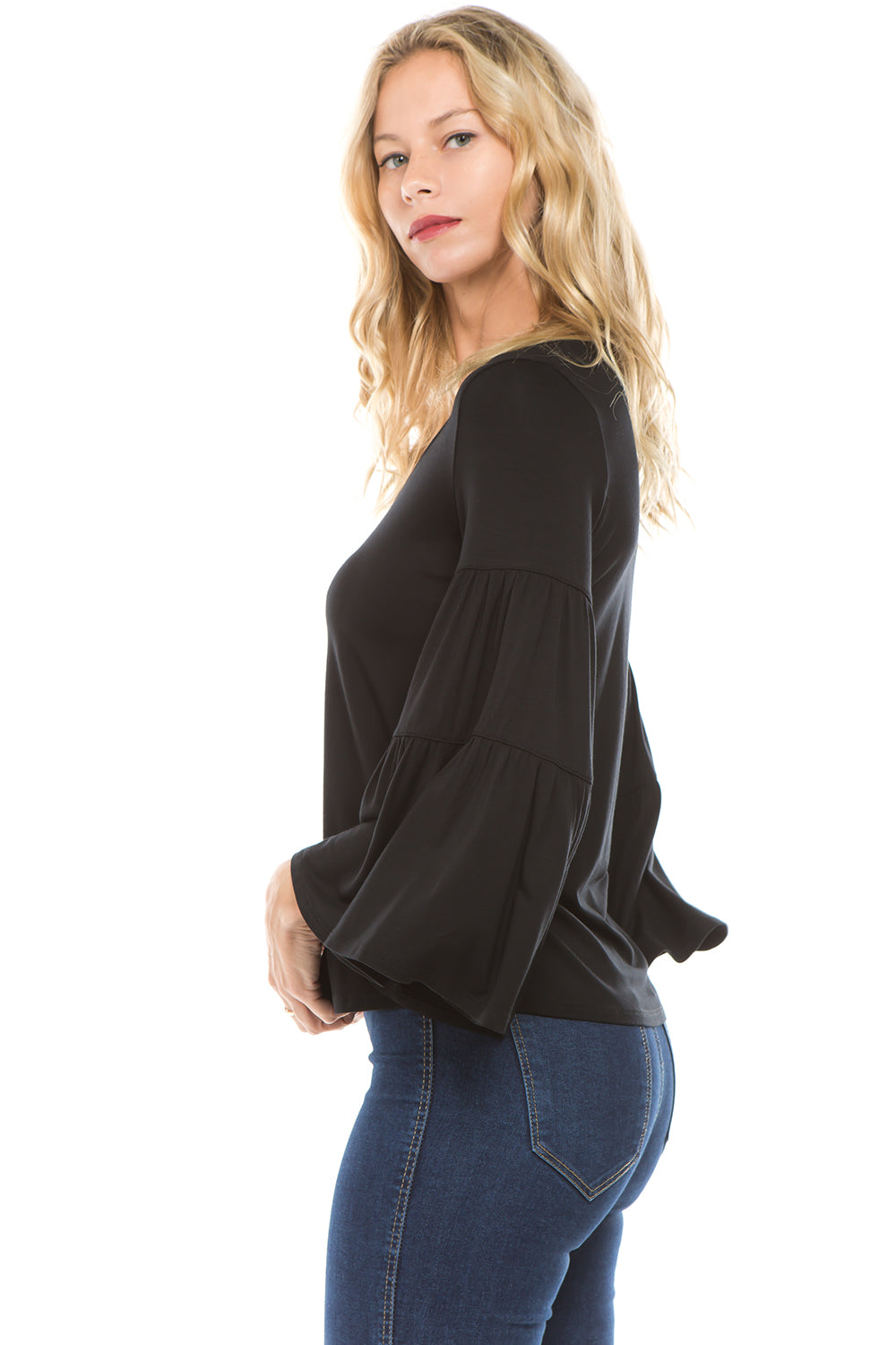 CROSELLA TIERED SLEEVE TOP (BLACK)-VT2415