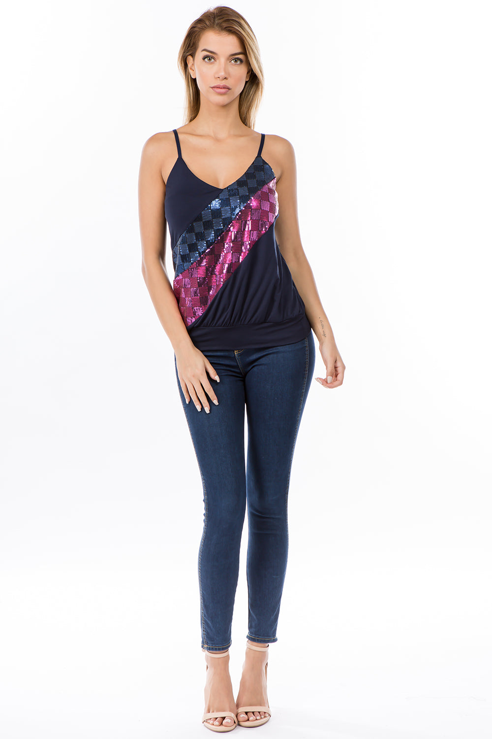 LINNETTE SEQUINS TOP (NAVY/FUSCHIA)-VT2455SP
