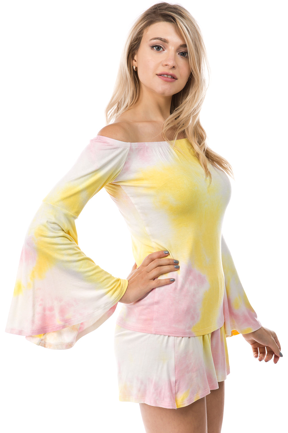AMY OFF SHOULDER TOP (PINK/YELLOW TIE DYE)- VT2492T