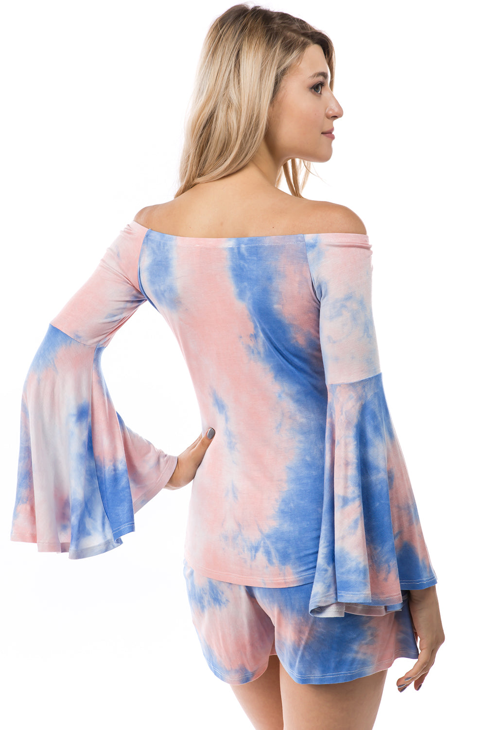 AMY OFF SHOULDER TOP (PEACH/BLUE TIE DYE)- VT2492T