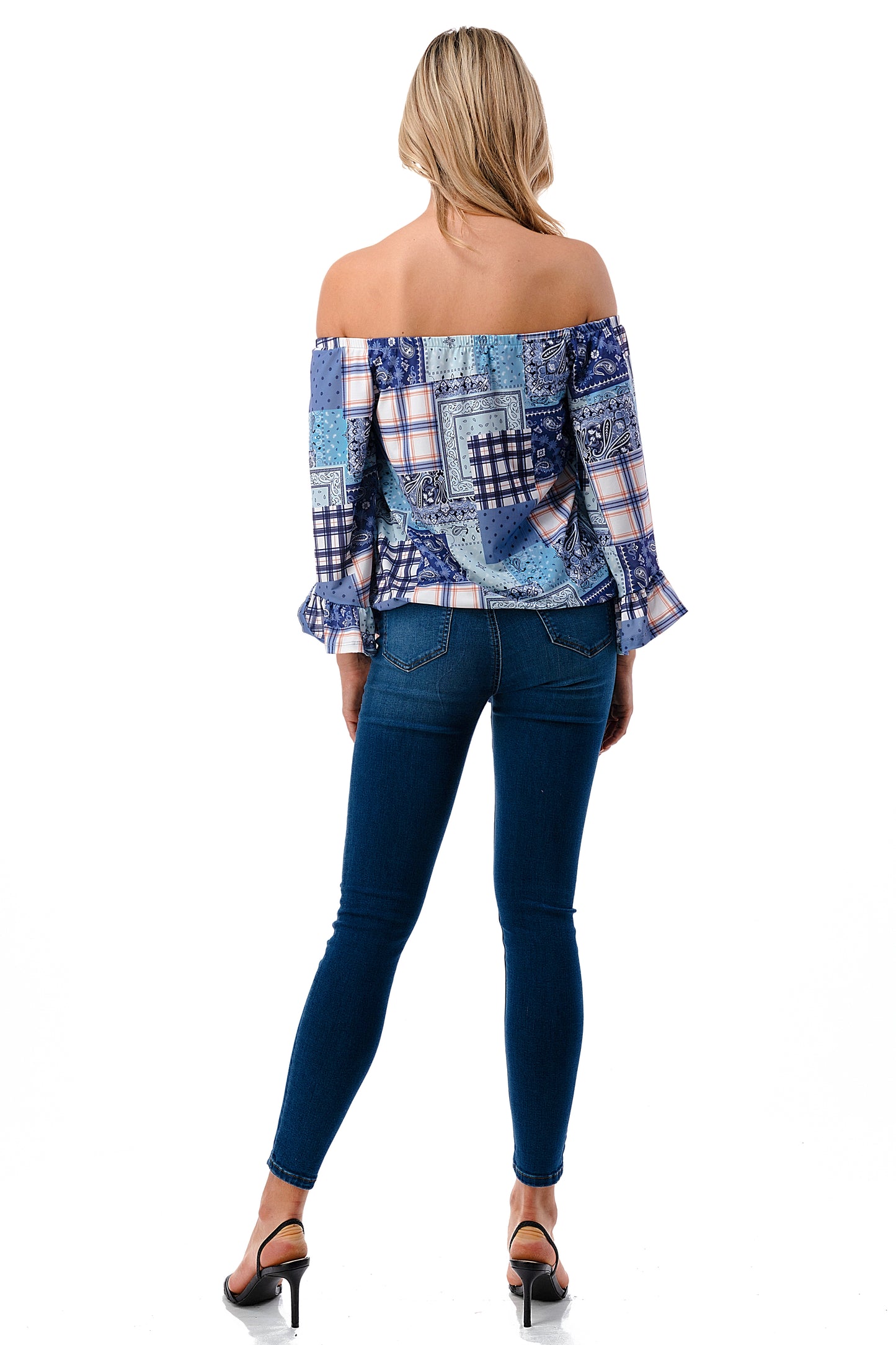 HARRIET OFF SHOULDER TOP (BLUE PATCH WORK)- VT2509