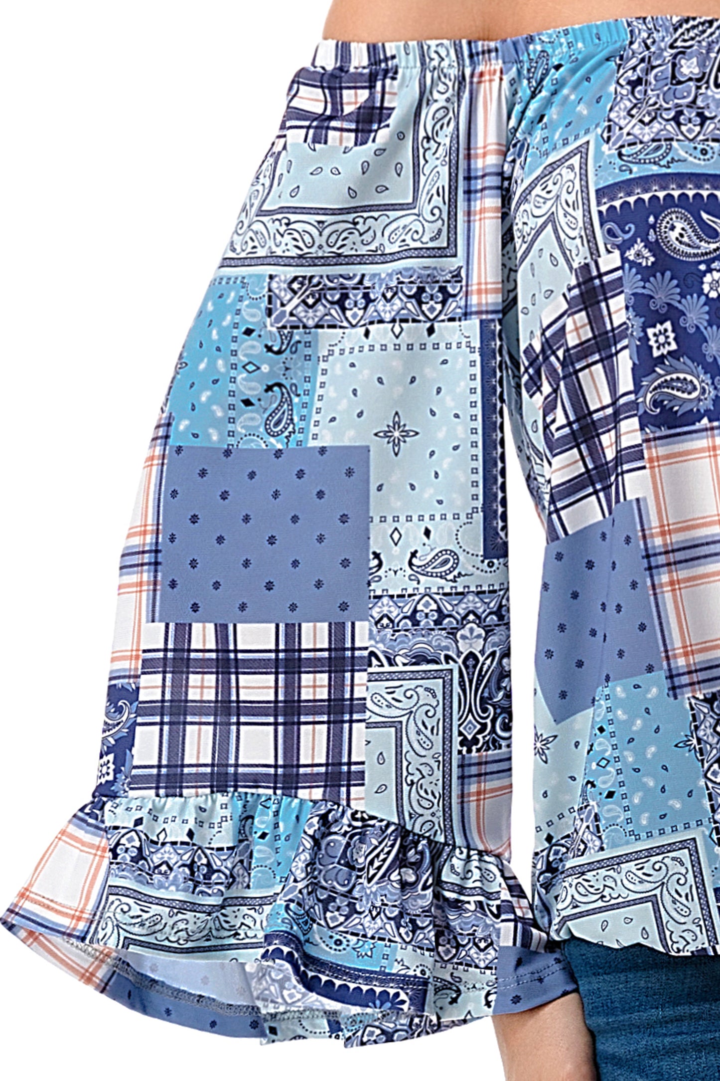 HARRIET OFF SHOULDER TOP (BLUE PATCH WORK)- VT2509