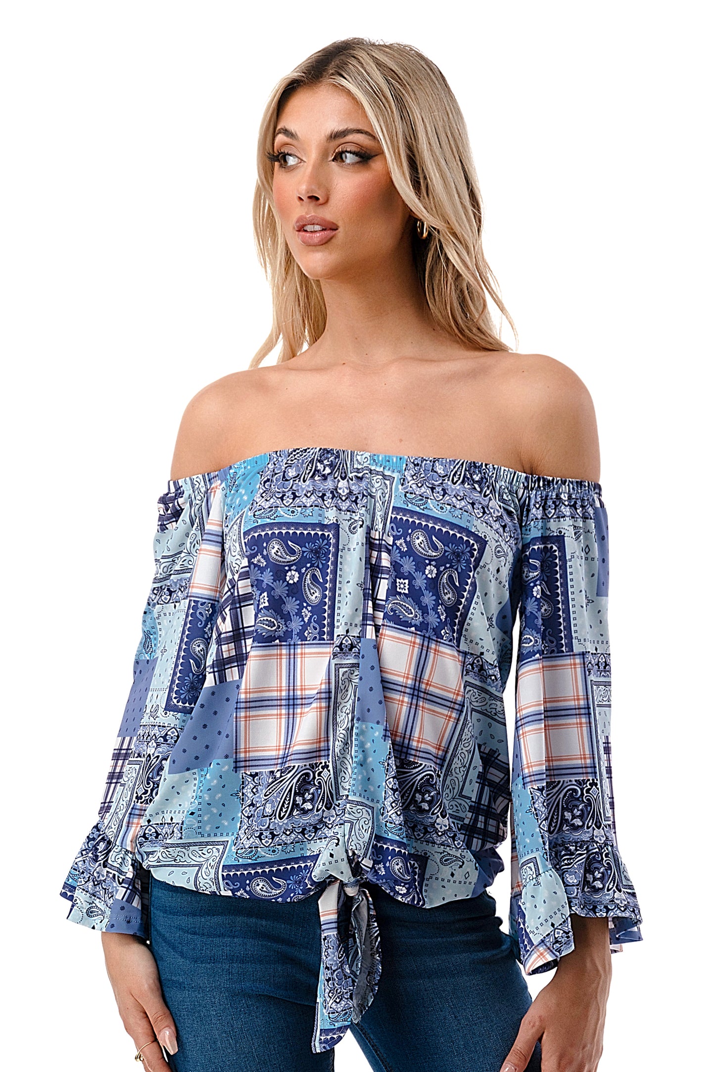 HARRIET OFF SHOULDER TOP (BLUE PATCH WORK)- VT2509