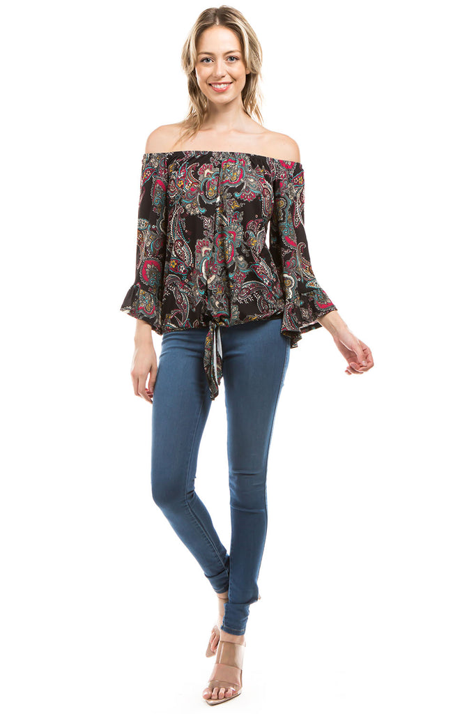 HARRIET OFF SHOULDER TOP (BLACK PAISLEY)- VT2509