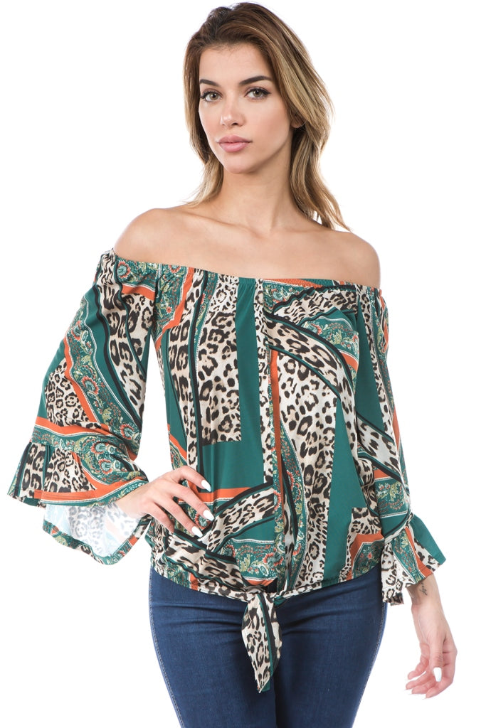 LIVIA OFF SHOULDER TOP (GREEN MULTI)- VT2509-LIVIA