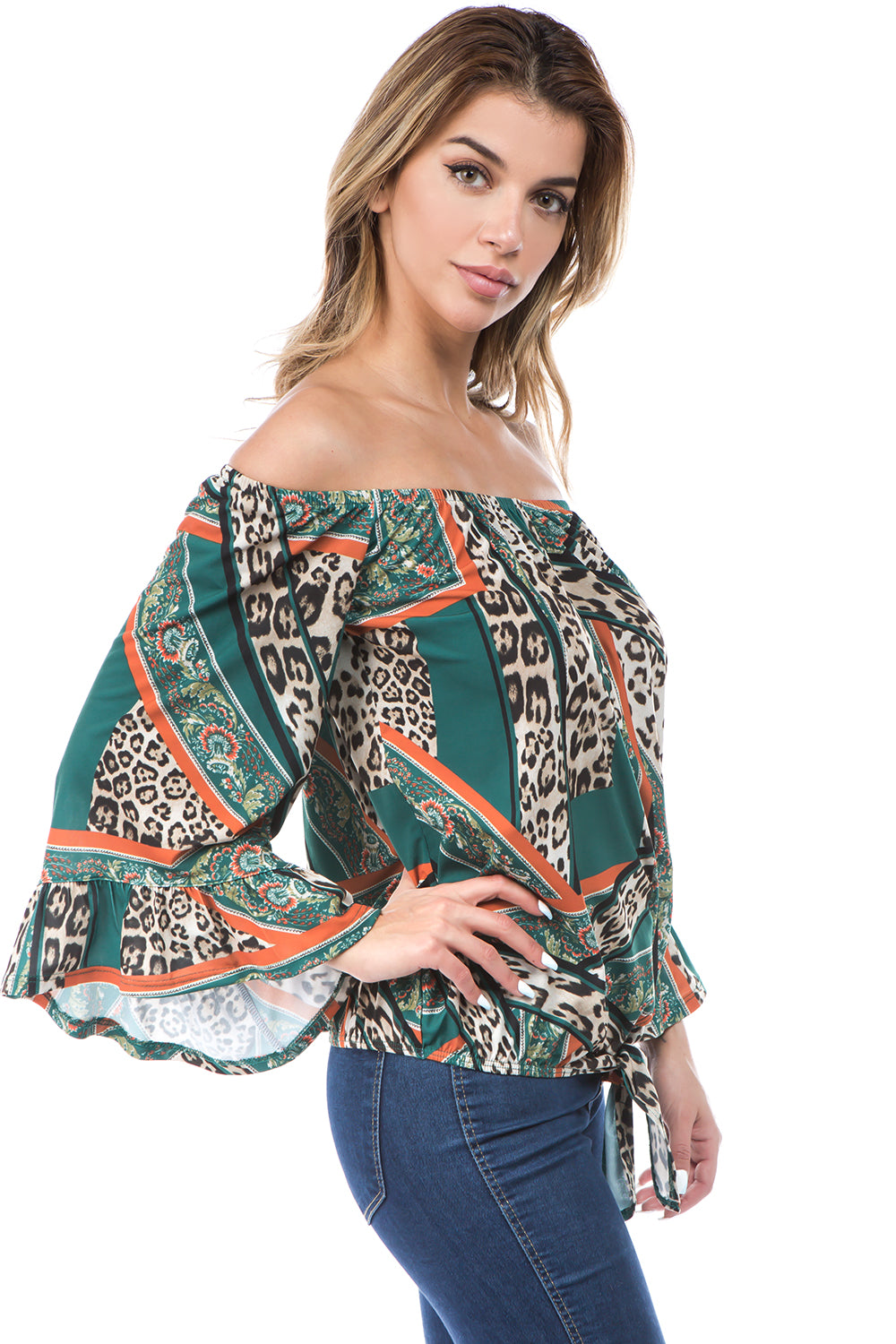 LIVIA OFF SHOULDER TOP (GREEN MULTI)- VT2509-LIVIA