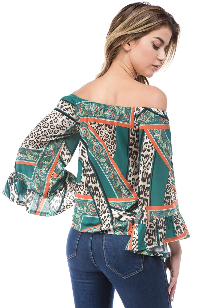LIVIA OFF SHOULDER TOP (GREEN MULTI)- VT2509-LIVIA