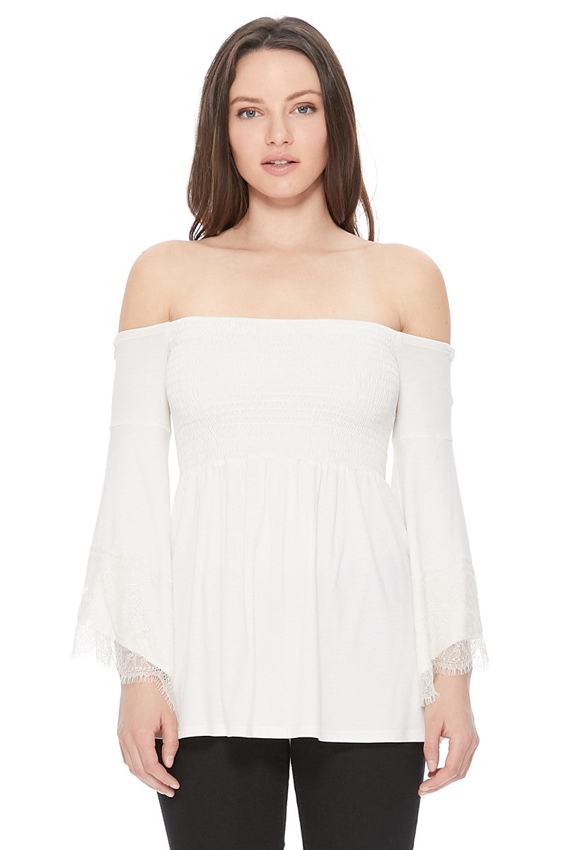 LACY BELL SLEEVE TOP  (IVORY)-VT2549