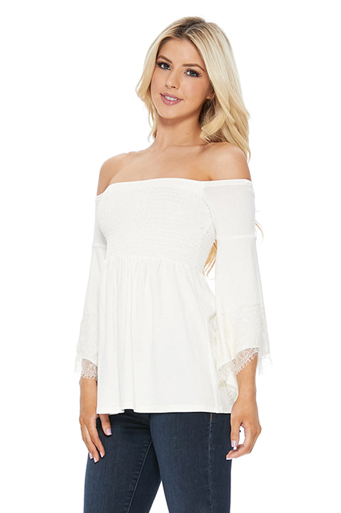 LACY BELL SLEEVE TOP  (IVORY)-VT2549