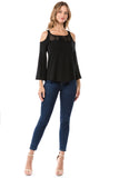 LACY 2 BELL SLEEVE CROCHET TOP  (BLACK)- VT2562