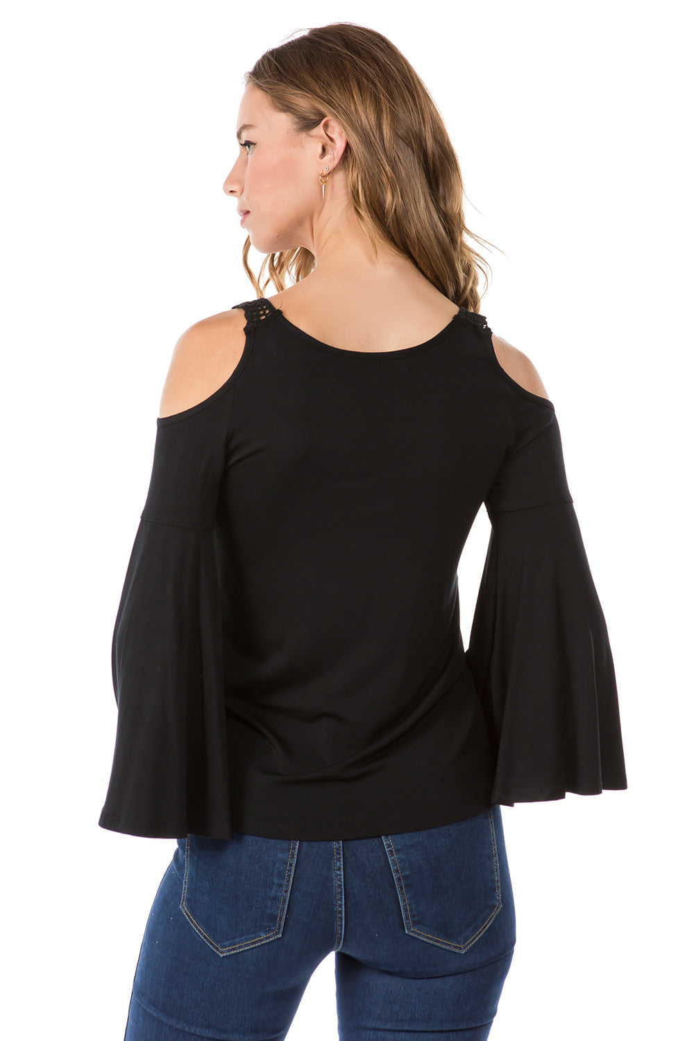 LACY 2 BELL SLEEVE CROCHET TOP  (BLACK)- VT2562
