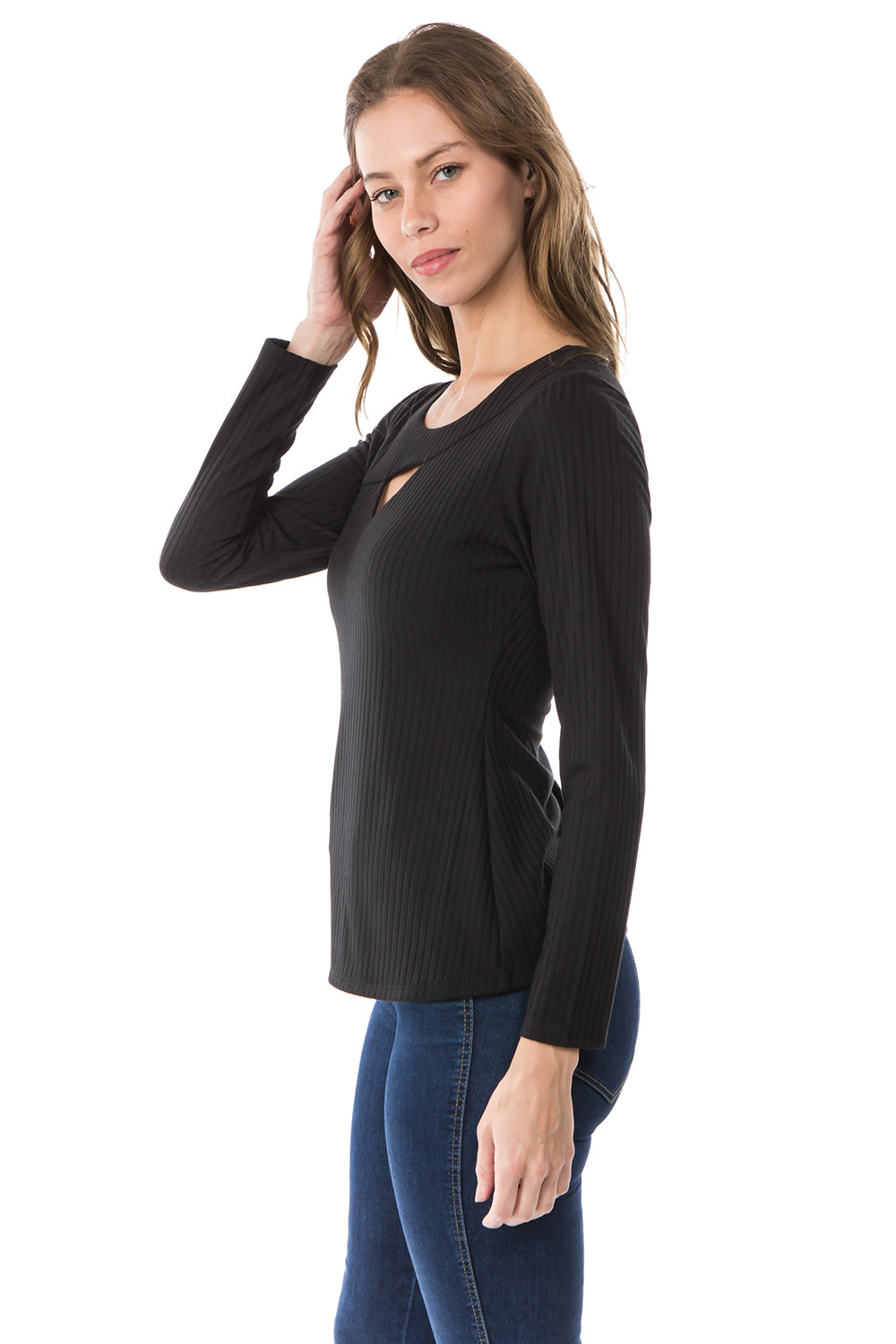 FLONA YOKE TOP (BLACK)- VT2582-RIB FABRIC